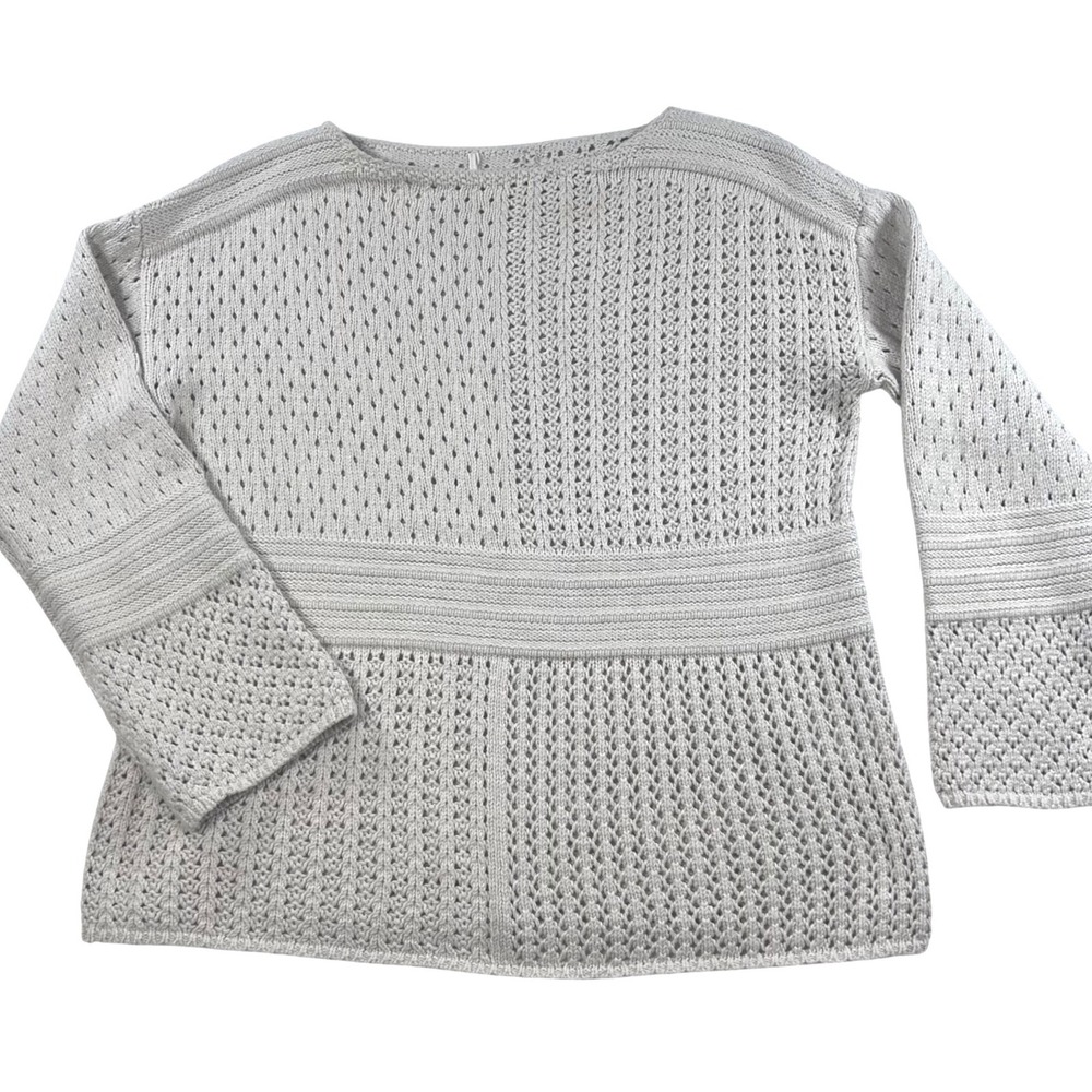 Beige Patchwork Open Knit Boat Neck Sweater Cotton Petite Small Cottagecore Soft